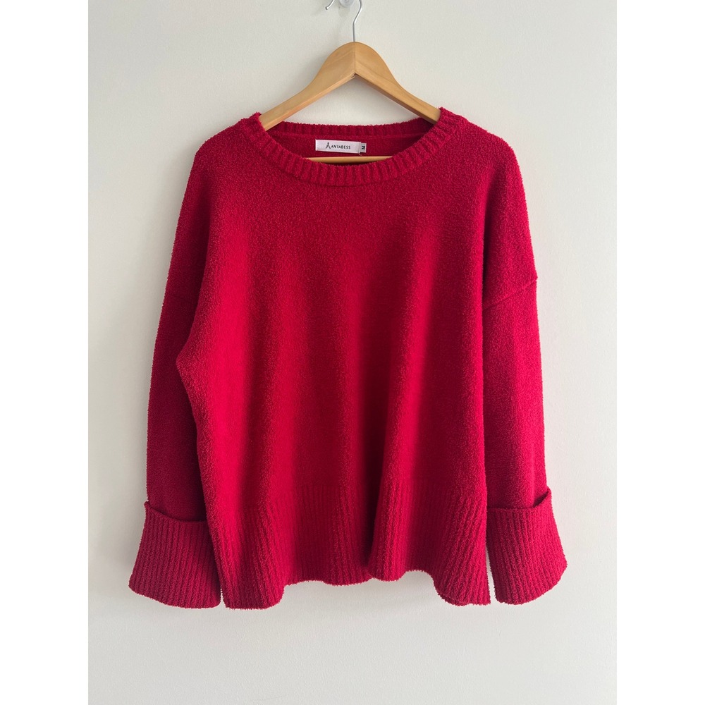 Anrabess Sweater Womens M Red Oversized Fuzzy Knit Boucle Crew Neck Long Sleeve